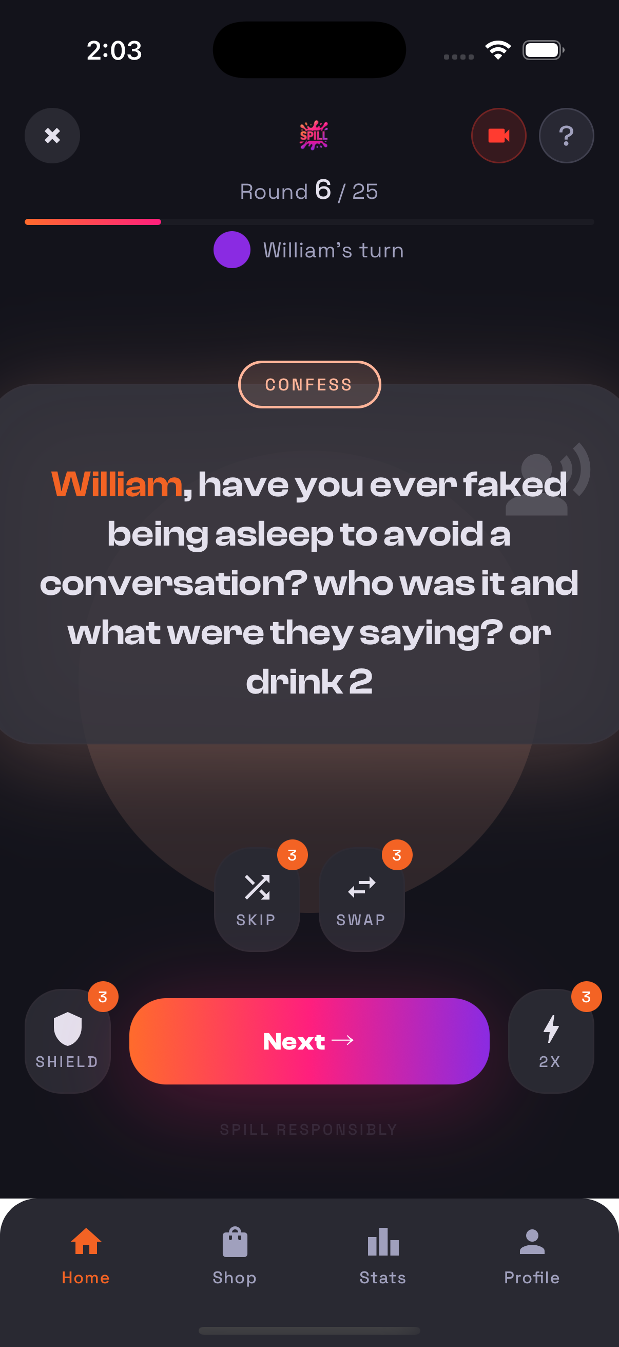 SPILL game screen showing a confess prompt card with player turn indicator