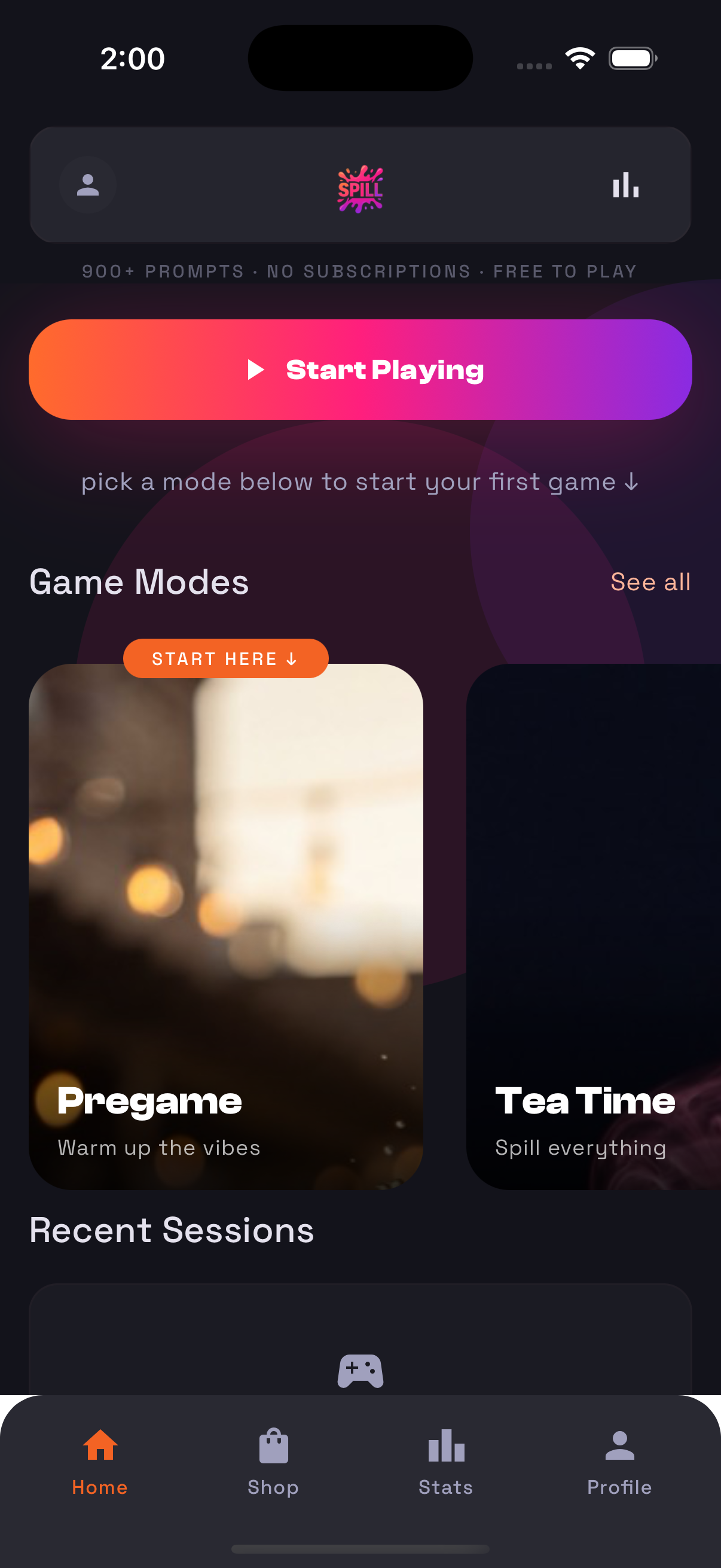 SPILL home screen with game modes and start playing button