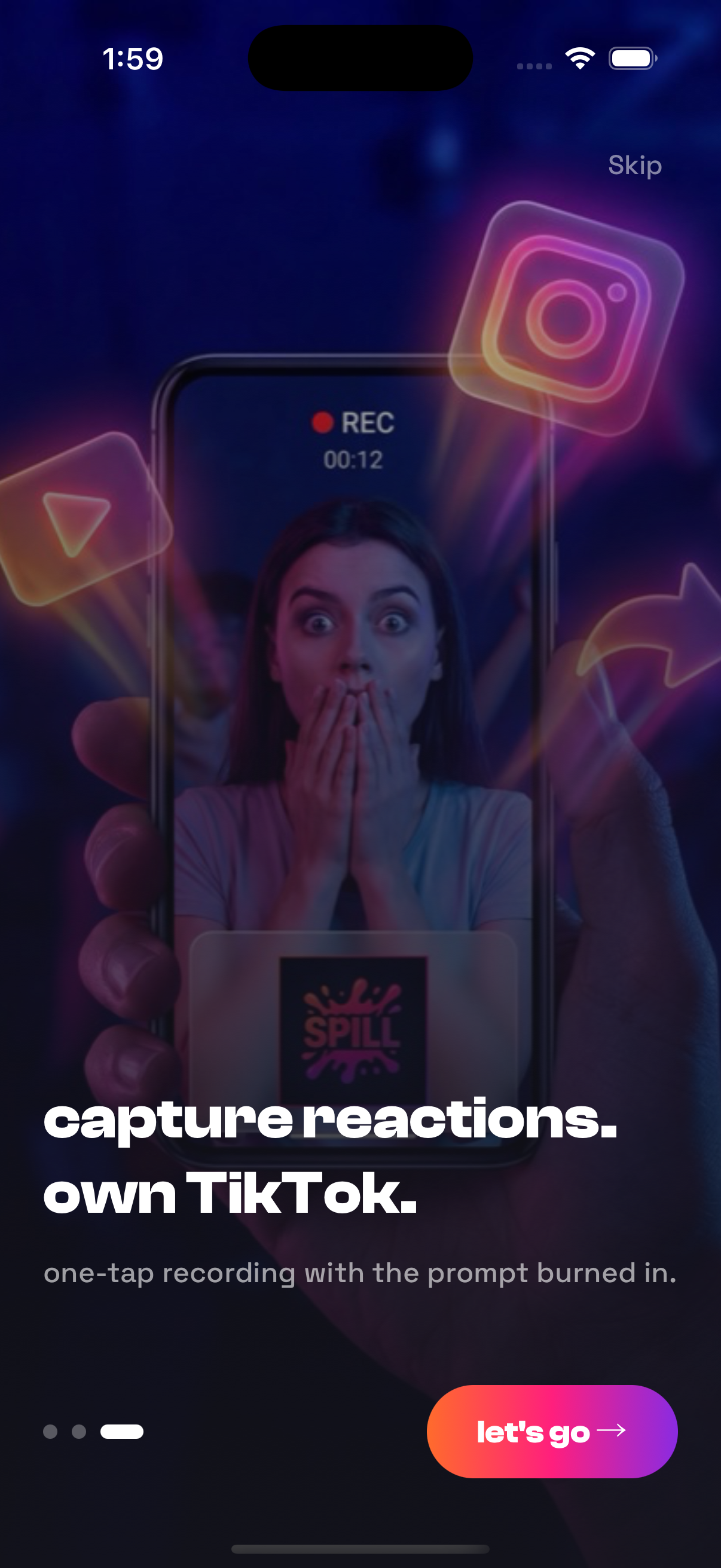 SPILL recording screen with prompt text overlay and camera view